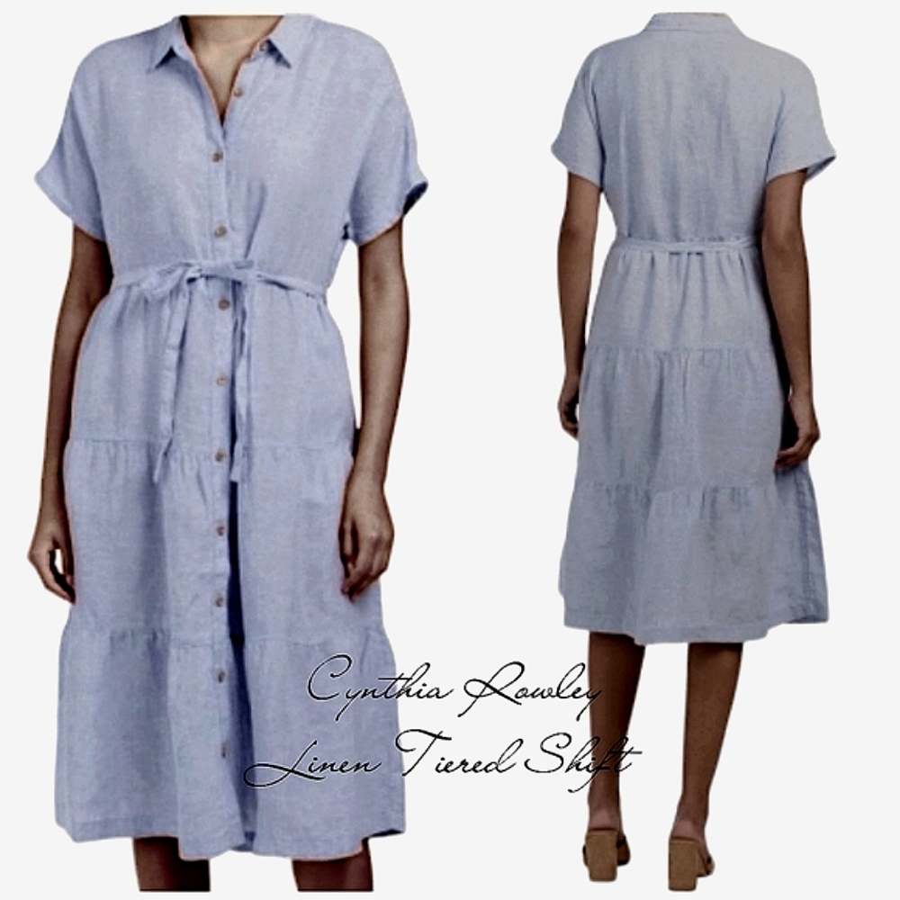 Nwot Cynthia Rowley Blue Linen Chambray Shortsleeve Tiered Midi Dress